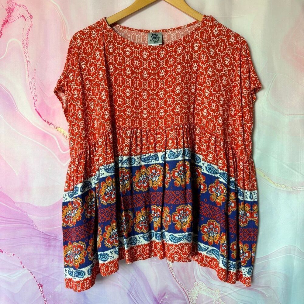 Ivy Jane S/M Red Blue Floral Paisley Babydoll Blouse Preppy Luxury Western Artsy